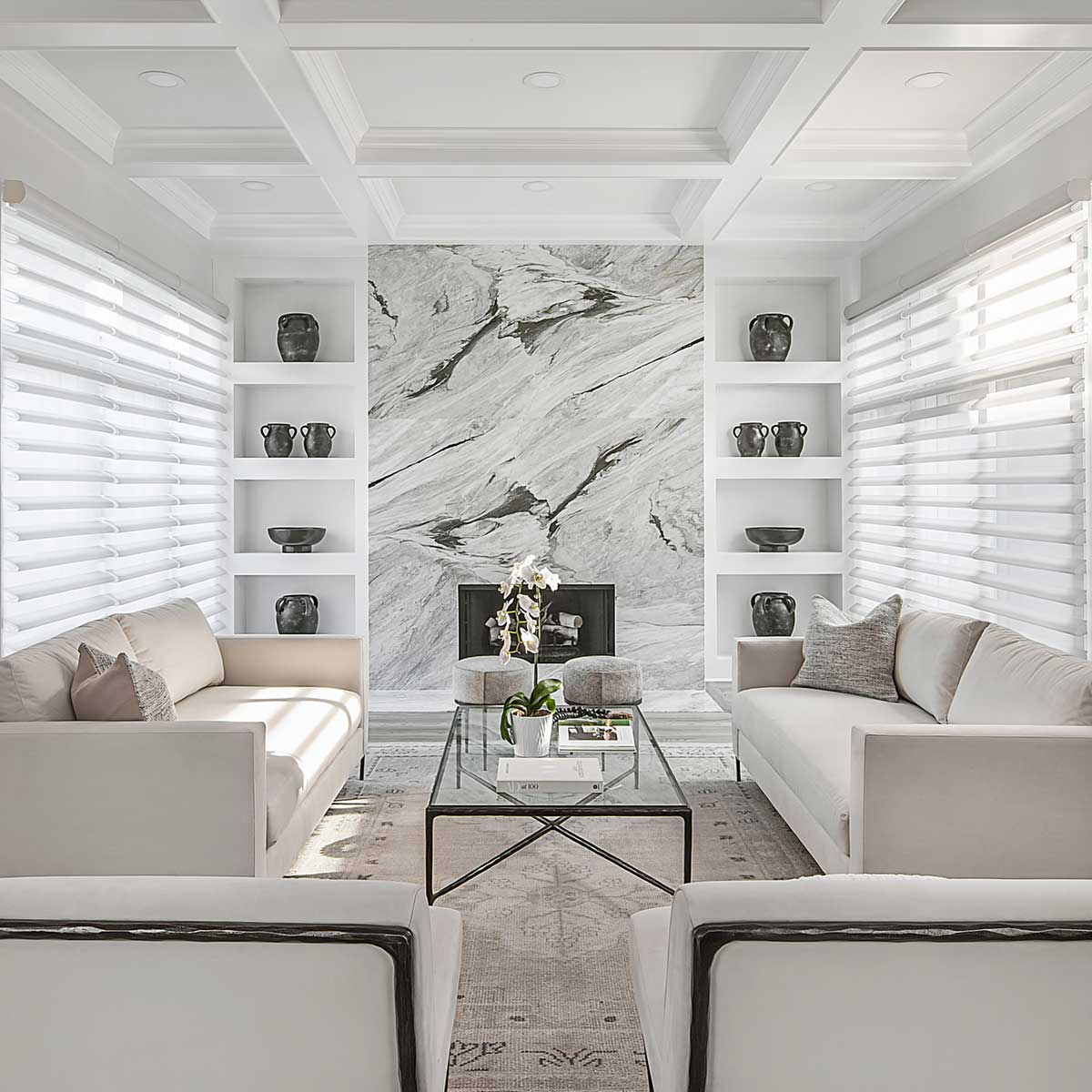 Living Room with Marble Fireplace - A Luxurious Condominium Makeover in Bloomfield Hills, MI