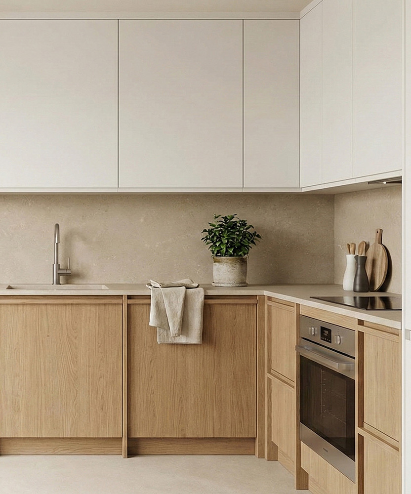 A bright and earthy toned kitchen space.