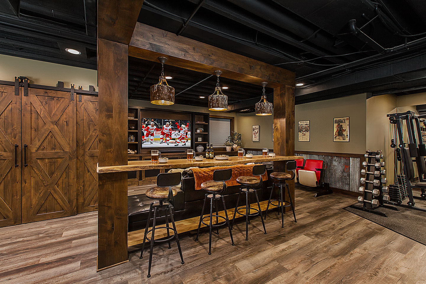 Rustic Urban Lounge Basement Remodel in Birmingham, MI