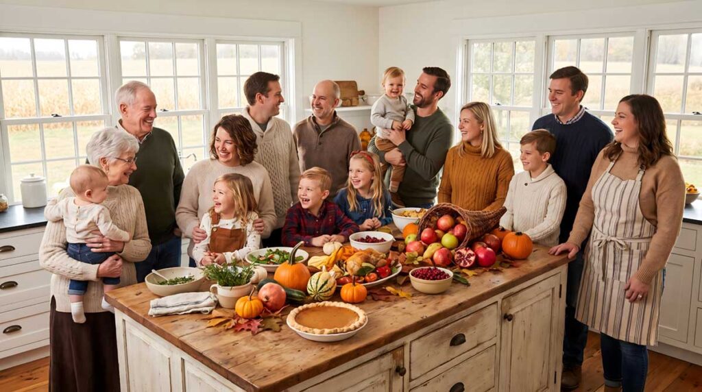 Large family gathered in kitchen during the holidays